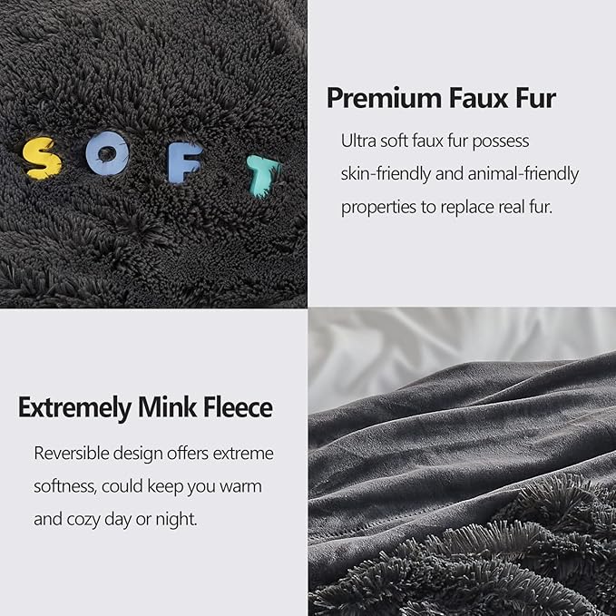 GONAAP Fuzzy Faux Fur Throw Blanket Twin Size Dark Grey Super Soft Cozy Plush Fuzzy Shaggy Blanket for Couch Sofa Bed (Dark Grey, Twin(60"x80"))