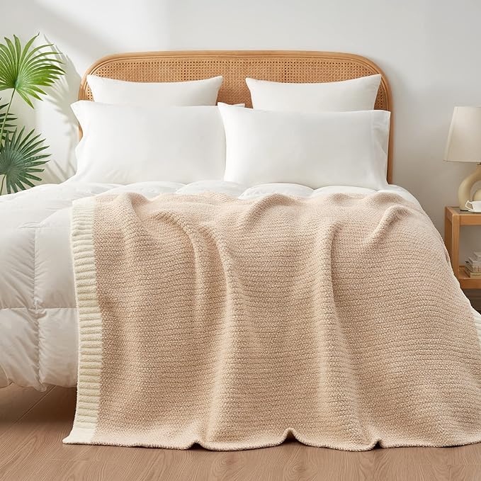 Snuggle Sac Heather Beige Throw Blanket for Couch, Ultra Soft Warm Blankets Cozy Knit Fuzzy Plush Lightweight Throw XL Size for Sofa, Bed, Heather Beige, 50x70 inches