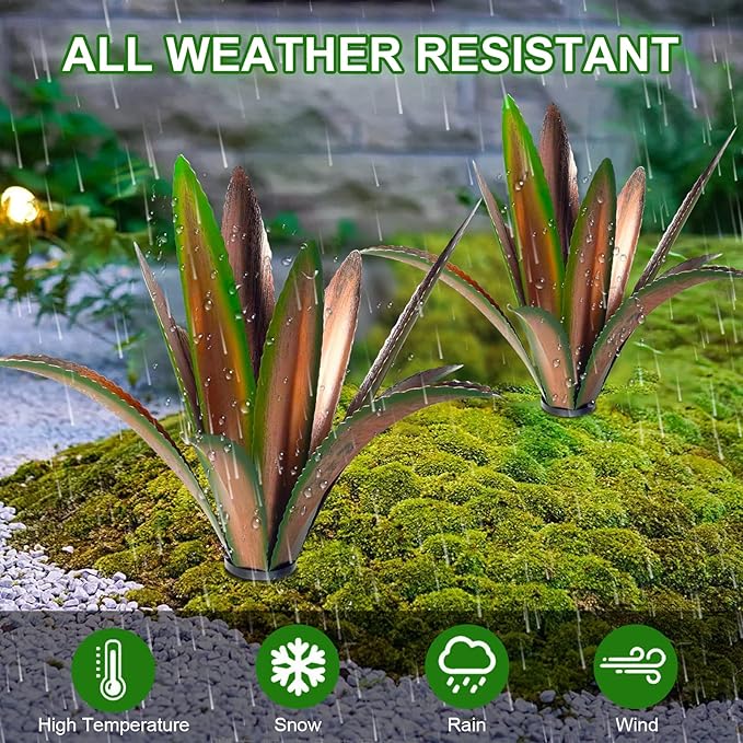 TOMBABY Enlarge thickened Wind Resistant Metal Agave Garden Art Plant Country Sculpture Statue Outdoor decoration Courtyard Lawn Ornament Gift (12 Leaves Green 2 pcs) (TB-410-415)