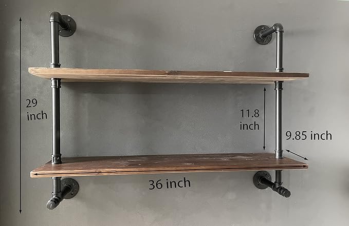 Industrial Pipe Wall Shelves Pipe Shelving with Real Wood Plank ,36 Inches Floating Shelves for Wall Farmhouse Pipe Book Shelves Dark Brown 2 Tier for Kitchen,Living Room Decor and Bar Shelving