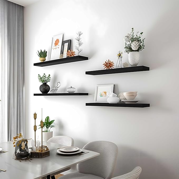 24 Inch Floating Shelves for Wall Rustic Black Wood Wall Shelves for Bedroom Set of 4