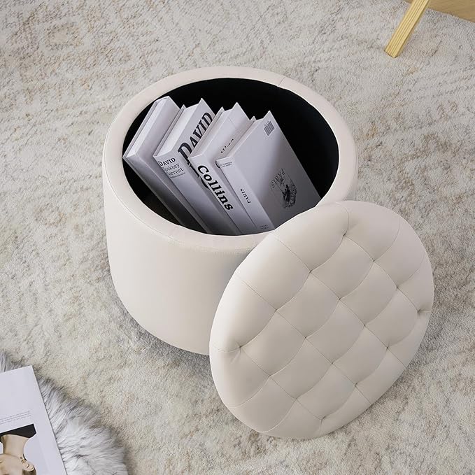 Furniliving Upholstered Button Tufted Round Ottoman, PU Storage Ottoman Round, Removable Lid Convenient Footstools, Classic Ottoman with Storage for Vanity, Nursery Room，IvoryWhite