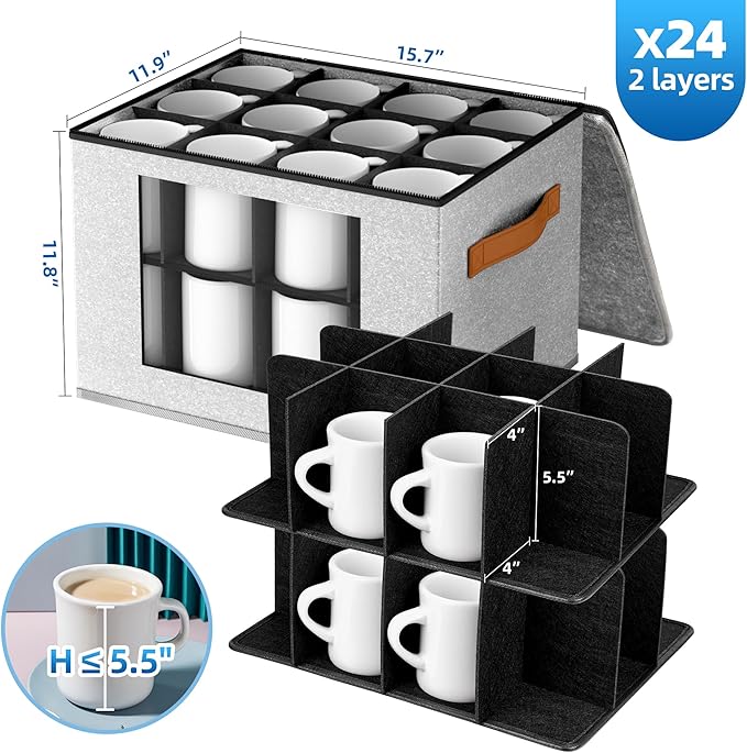 2-Layer Coffee Mug Storage Box with Dividers, Cup Storage Organizer with Zipper Lid and Handles, Stackable China Storage Containers Service for 24 Mugs, Cups and Glasses, Light Grey