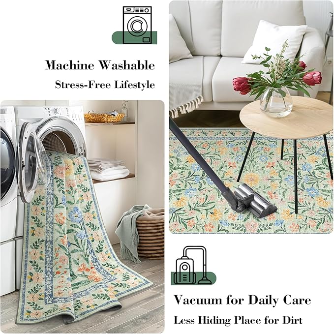Wonnitar Boho Washable Rugs 8x10, Large Floral Rugs for Bedroom, 8 x 10 Soft Green Living Room Carpet, Non Slip Ultra-Thin Carpet for Kids Playroom Dorm Dining Room