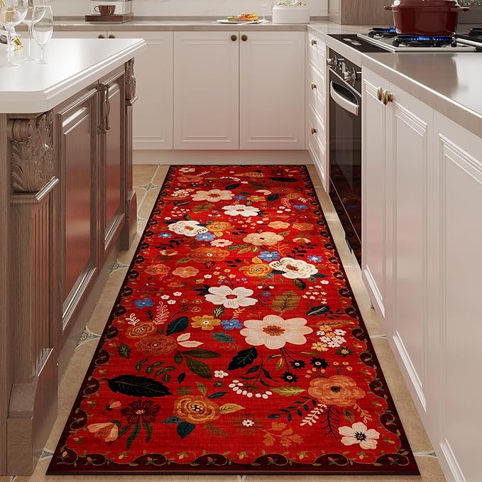 Runner Rug for Hallways Kitchen Rug Non Slip 2'6''x8' Washable Runner Rugs with Rubber Backing Soft Floral Carpet Runner for Hallways, Kitchen, Laundry, Bedroom, Bathroom(Red)