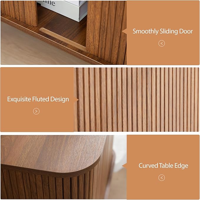 AVZEAR 24" Large Square End Table with Charging Station, Farmhouse Fluted Sofa Side Table with Sliding Tambour Door & Storage, Curved Rustic Wood Nightstand for Living Room, Bedroom, Walnut