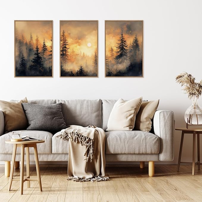 HLNIUC Golden Sunshine Forest Framed Canvas Wall Art,Foggy Forest Pine Tree Wall Decor,Large Sunset Landscape Art Print,Natural Misty Mountain Forest Wall Painting for Living Room,Bedroom - 16”x24”x3