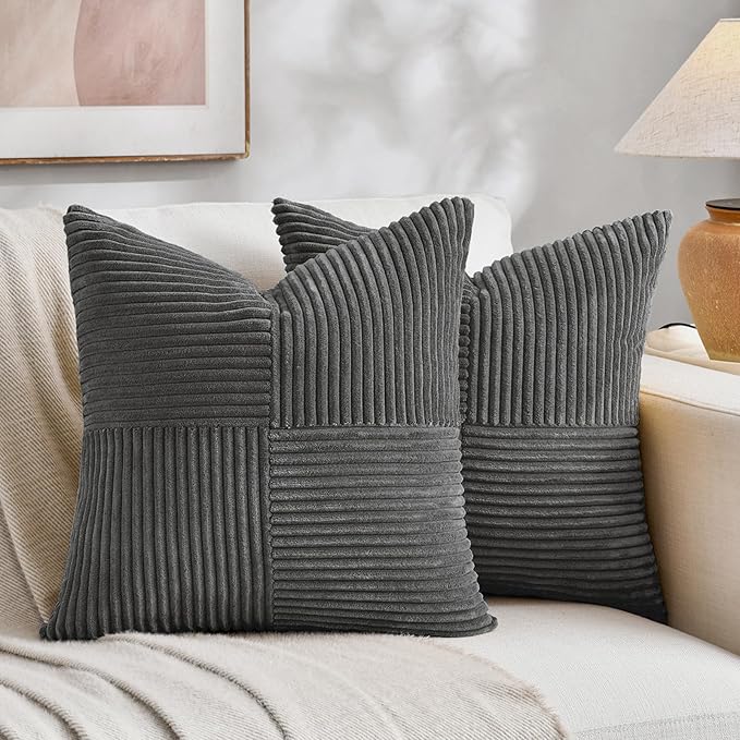 Fancy Homi 2 Packs Dark Gray Decorative Throw Pillow Covers 16x16 Inch for Living Room Couch Bed, Rustic Farmhouse Boho Home Decor, Soft Corss Patchwork Corduroy Textured Square Cushion Case 40x40 cm