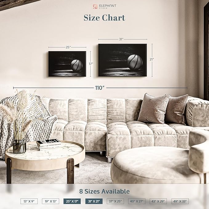 ElephantStock Basketball Wall Art - Horizontal Framed Canvas - 1-Piece Hallway Wall Decor - Photography sports Canvas Print - Black and Gray Decor for Wall - 25" X 17"