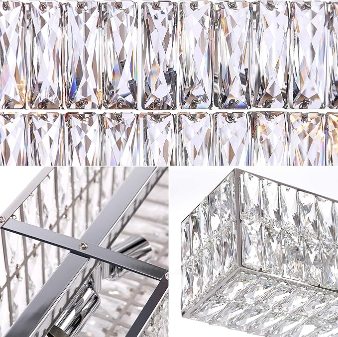 IKK Modern Rectangle Chandelier for Dining Room, Crystal Chandeliers with Stainless Steel in Chrome, Large Rectangular Pendant Light for Kitchen Island L40 x W6.7 x H6.3