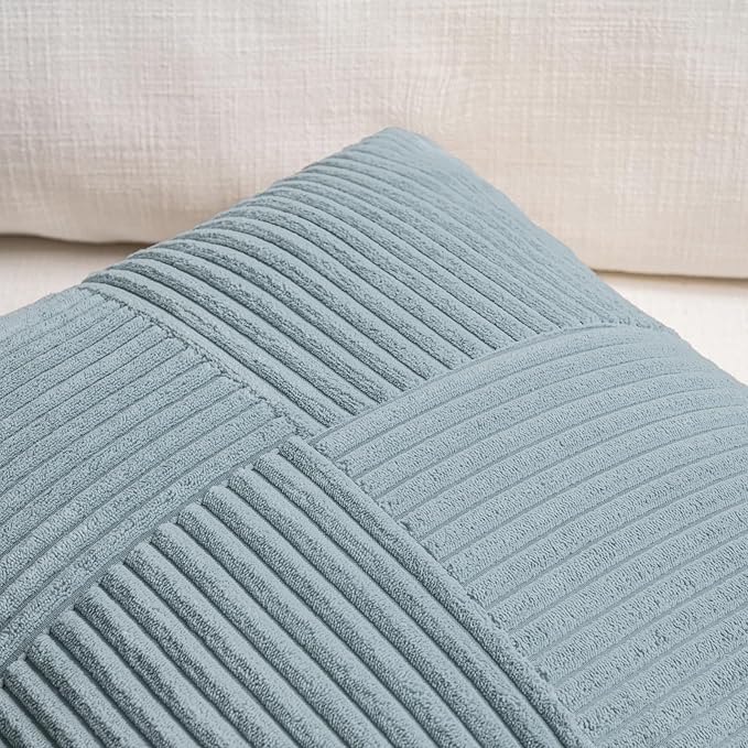 Fancy Homi Set of 2 Light Blue Euro Decorative Throw Pillow Covers 26x26 Inch for Bedroom Couch Bed, Farmhouse Boho Home Decor, Soft Cross Corduroy Patchwork Textured Square Cushion Case 66x66 cm