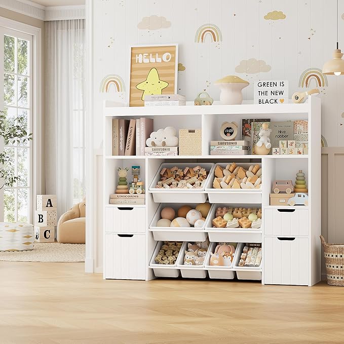 HORSTORS 55" W Toy Storage Organizer with Drawers, Large Kids Toy Storage Box with Removable Bins, Tall Kids Bookshelf and Bookcase for Boys and Girls, Modern Toy Chest for Playroom, Classroom, White