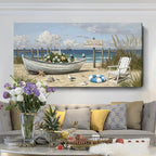 amatop Oversized Coastal Canvas Wall Art – Nautical Seaside Landscape Floral Boat on Sandy Beach Ocean Seabirds Horizontal Decor Large Wildflower Nature Artwork for Living Room Bedroom Office 58×29 Inch