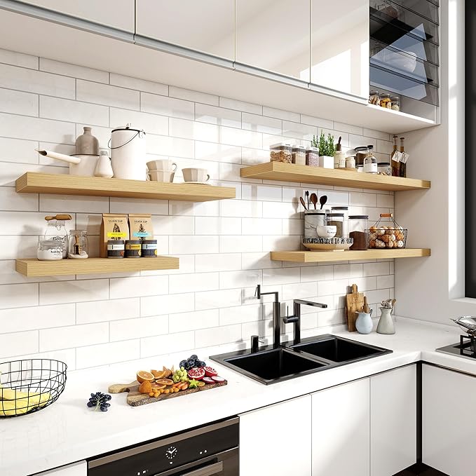 24 Inch Floating Shelves, 12 Inch Deep Floating Shelves for Wall, Floating Shelf with Invisible Brackets, Deep Shelves for Bathroom, Bedroom, Living Room, 2 Pack, Natural