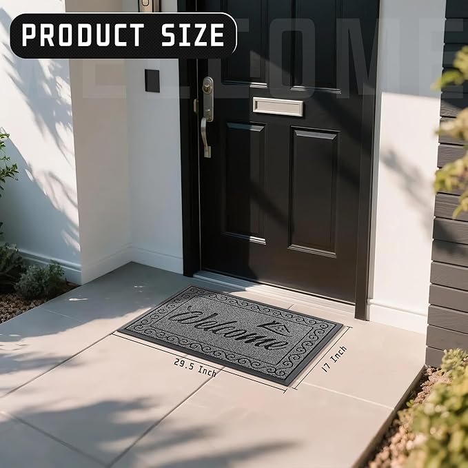 Yimobra Welcome Mat, Heavy Duty Sturdy Door Mats for Home Entrance Outdoor Indoor, Front Doormat for Outside Patio Floor Entry Porch Garage Office, Waterproof, Low Profile, 29.5 x 17, Black Grey
