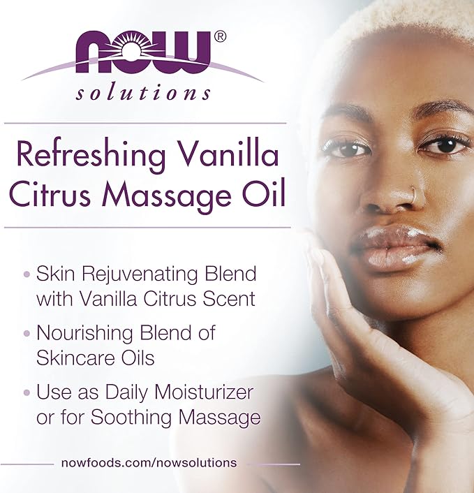 NOW Foods Solutions, Refreshing Vanilla Citrus Massage Oil, Skin Rejuvenating Blend, Supple Skin, 8-Ounce
