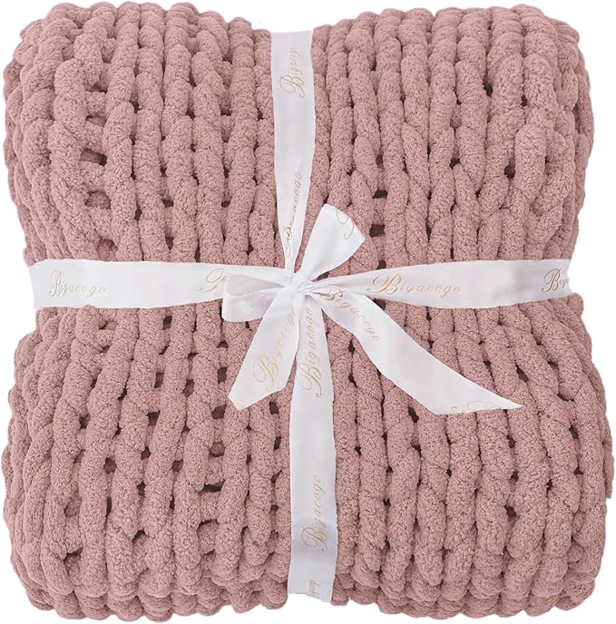 Bigacogo Chunky Knit Throw Blanket for Couch, 40x80 inches, 100% Hand Knitted with Thick Jumbo Chenille Yarn, Cozy Soft Large Rope Knot Cable Crochet Blankets for Sofa Bed Living Room, Dusty Pink