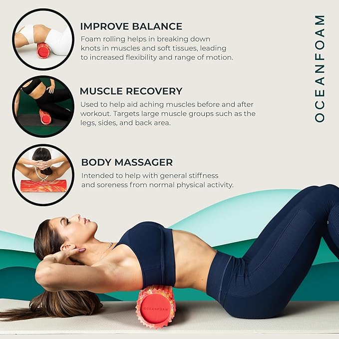Oceanfoam Tidal Roller - Red, Gold & Natural Marbled - Muscle Massage Foam Roller for Back Pain & Stretching - Firm and Ergonomic Wide Wave Textured - Yoga, Athletics, & Wellness - Full Size, 20" x 5"
