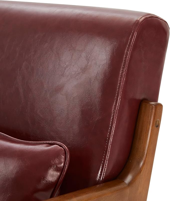 Glitzhome 2 Set Mid Century Red Accent Armchair, Single Reading Armchair PU Leather Lounge Chair with Walnut Ruberwood Frame