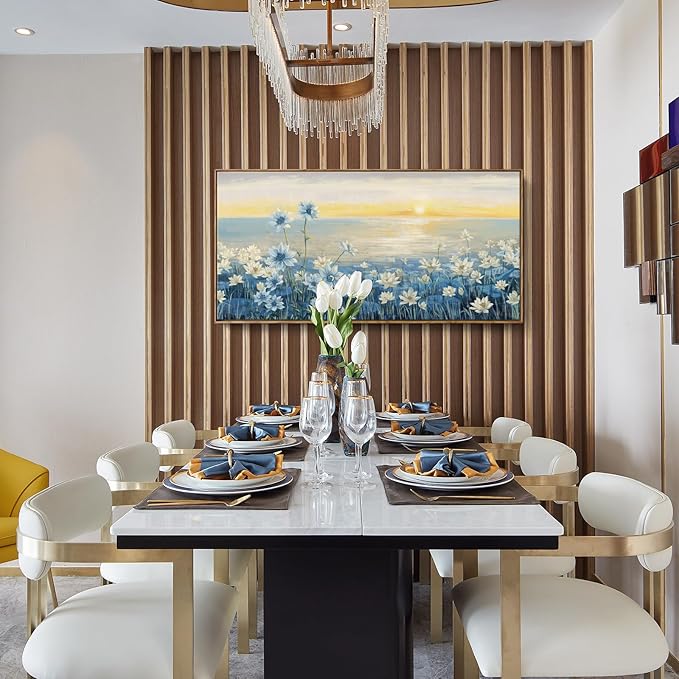 Large Framed Wall Art for Living Room Bedroom Office Decor, Modern Beach Canvas Wall Art Coastal Ocean Nature Blue Artwork Floral Sunrise/Sunset Zen Landscape Flower Wall Picture 48x24“