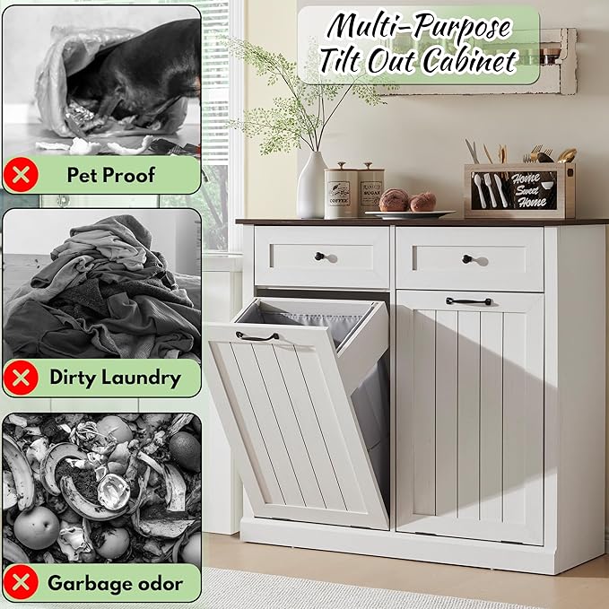 Double Tilt Out Laundry Hamper Cabinet, 20 Gallon Farmhouse Trash Can Cabinet with Drawer, Hidden Wood Garbage Can Bin Cabinets with Laundry Storage Basket for Bathroom, Kitchen (Antique White)