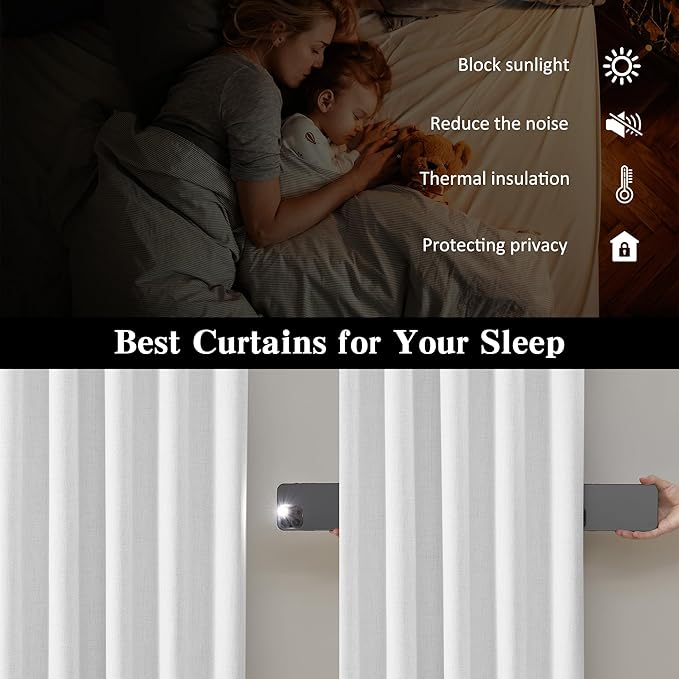 RAIN CITY Snow White Large Curtains 70 x 90 inch Long for Living Room Sliding Door 2 Panel Sets Back Tab Room Divider Pleated Linen Track Drapes for Bedroom Dining Room Farm House Cottage