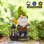 Garden Gnomes Outdoor - Flocked Gnome Statue Holding Lantern with Solar LED Lights | Gnomes Garden Decorations for Patio, Yard, Lawn Ornaments - Gnome Gifts