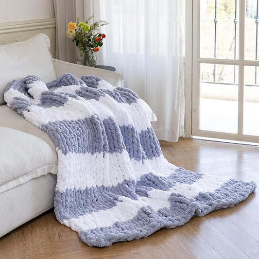 Chunky Knit Blanket - Luxury Soft Cozy 50 * 60 Throw Blanket,100% Woven Blanket Rope Knot Throw Blanket for Couch, Sofa, Home Decor, Gift - Machine Washable（White/Light Gray）