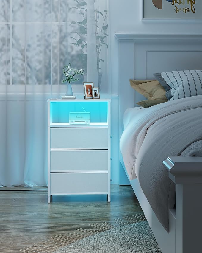 TUTOTAK Narrow LED Night Stand with Charging Station, Slim End Table with Plugins, Tall Side Table with 3 Fabric Drawer, Small Bedside Table with Storage, for Living Room, White TB01BW086L