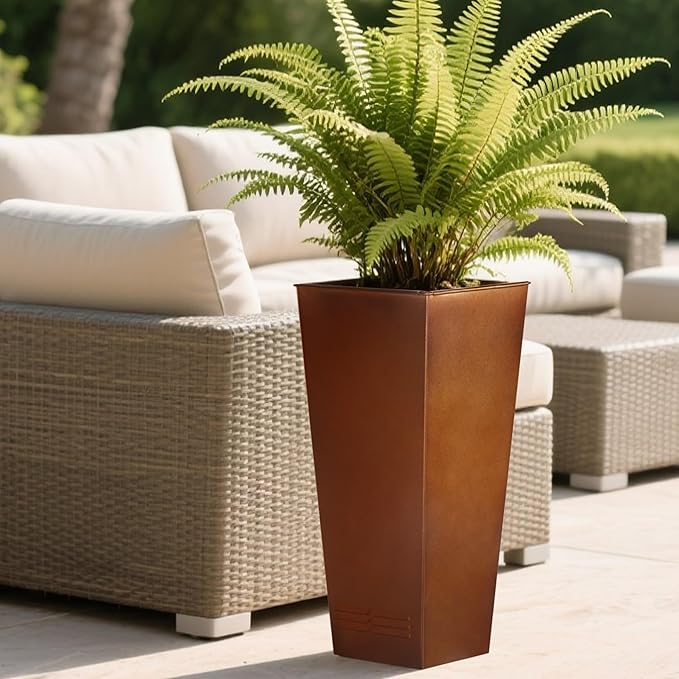 Worth Garden 28" H. Large Metal Planter Set of 2, Classic Matte Bronze Retro Finish Tall Square Tapered Steel Flower Plant Pots for Indoor & Outdoor Use - Insert Plate with Drain Holes, Air Vents