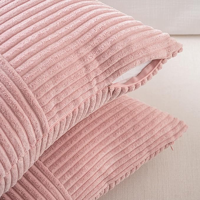 Fancy Homi 2 Packs Blush Pink Decorative Throw Pillow Covers 22x22 Inch for Living Room Couch Bed Sofa, Rustic Farmhouse Boho Home Decor, Soft Corss Corduroy Patchwork Accent Cushion Case 55x55 cm