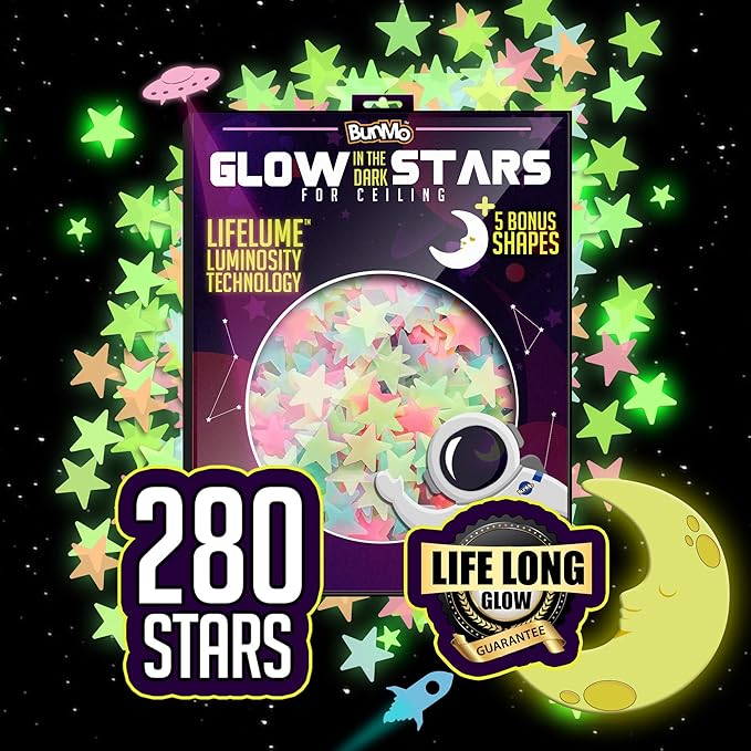 BUNMO Glow in The Dark Stars for Ceiling & Walls – 280 Piece Bright Wall Stickers, Long Lasting Non-Toxic Decals with Moons & Planets for Kids Bedroom, Nursery & Room Decor