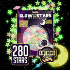BUNMO Glow in The Dark Stars for Ceiling & Walls – 280 Piece Bright Wall Stickers, Long Lasting Non-Toxic Decals with Moons & Planets for Kids Bedroom, Nursery & Room Decor