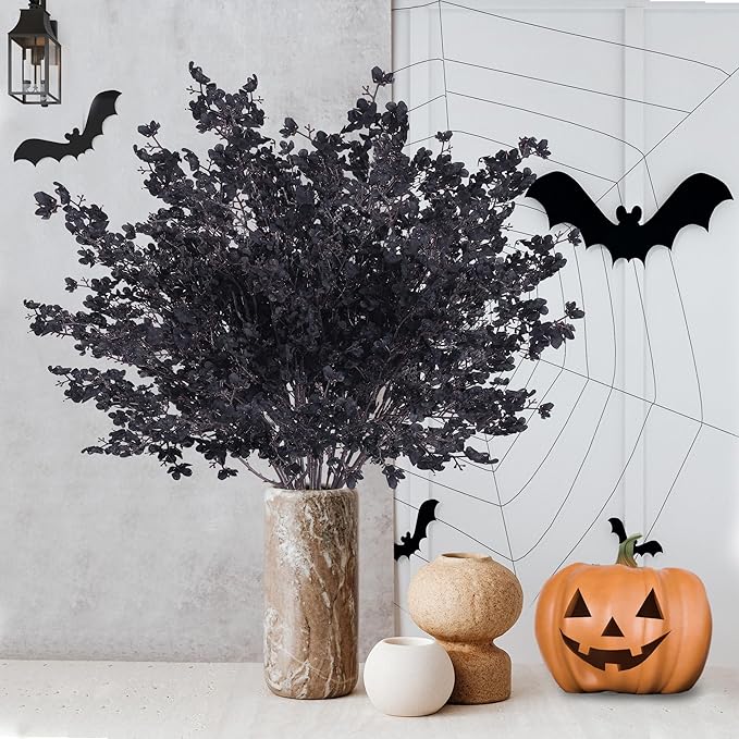 Sggvecsy 15 Pcs Babys Breath Artificial Flowers Gypsophila Bouquets Bulk Real Touch Fake Silk Flowers for Home Halloween Wedding DIY Floral Arrangement Table Centerpiece Festival Decoration (Black)
