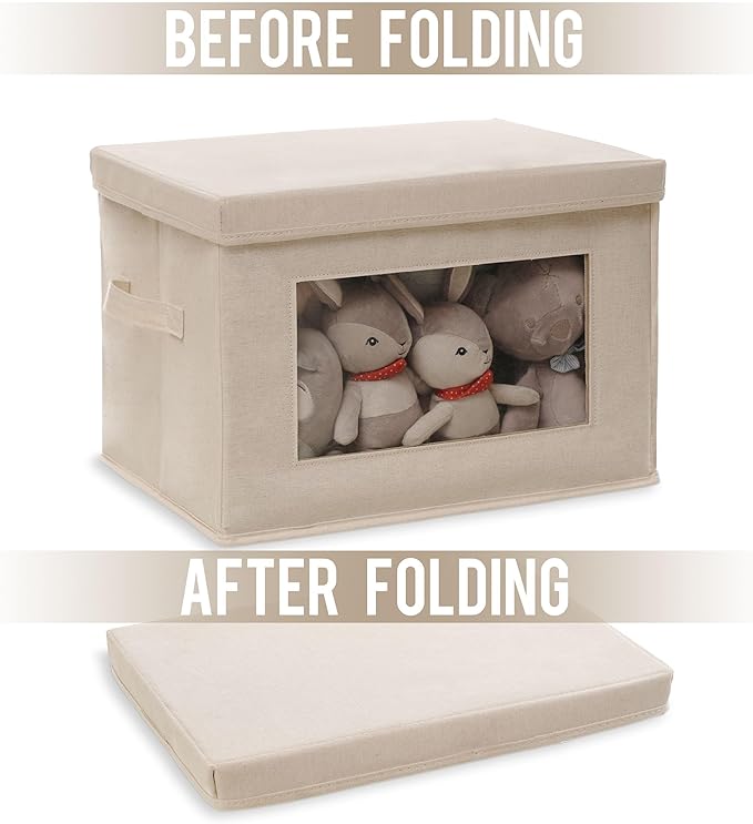 Citylife 3 Pack Storage Bins with Lids, Fabric Foldable Storage Bins with Soft Cord Handles, Canvas Storage Bin with Lid for Organizing Clothes, Blankets and Books, Beige