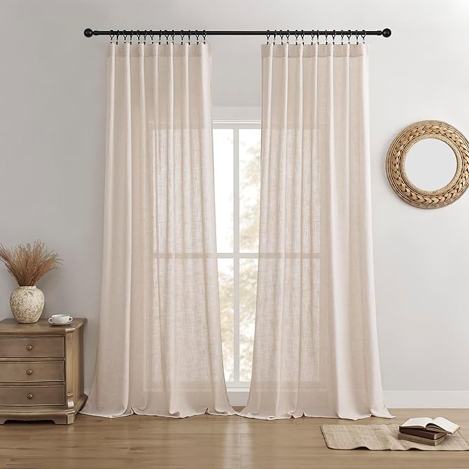 Joydeco Linen Curtains for Living Room,Semi Sheer Drapes Window Long Curtains 108 inches Long Pink Beige