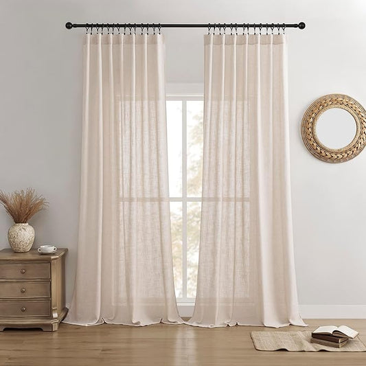 Joydeco Linen Curtains for Living Room,Semi Sheer Drapes Window Long Curtains 84 inches Long Pink Beige