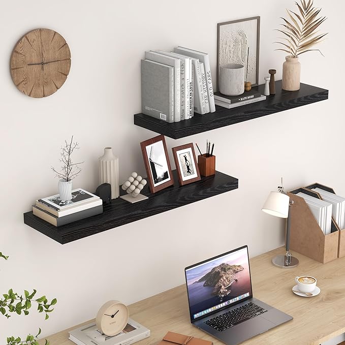 Fun Memories Black Floating Shelves 36 Inch Long, 9 Inch Deep Wall Shelves Set of 2, 36 x 9 Floating Shelf for Wall, Rustic Wood Floating Shelves for Kitchen, Living Room, Bedroom