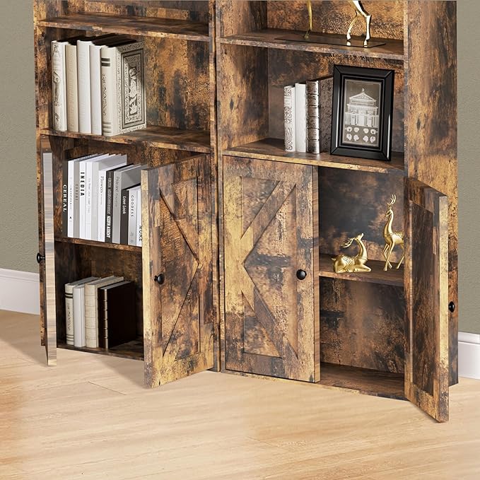 Tall Brown Wooden Bookshelf with Cabinet and Doors – 70.86" Bookcase with Doors, 6 Shelf Freestanding Tall Book Shelf for Living Room Storage, Bedroom, Home Office Organization – Brown Bookcase Wood