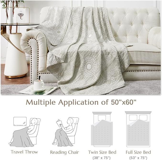 jinchan Boho 100% Cotton Muslin 50x60 Throw Blanket Lightweight 3-Layer Light Grey Blanket Washable Reversible Breathable Decorative Geometric Striped Patterned Soft Cozy for Sofa Bed All Season Gift
