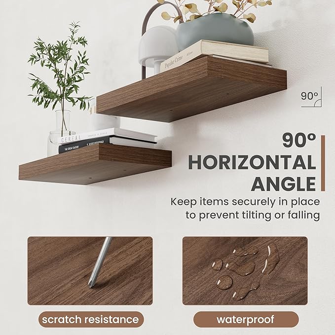 40 Inch Floating Shelves, 8 Inch Deep Floating Shelves for Wall, Hanging Shelf with Invisible Brackets, Deep Shelves for Bathroom, Bedroom, Living Room, Walnut, Set of 2
