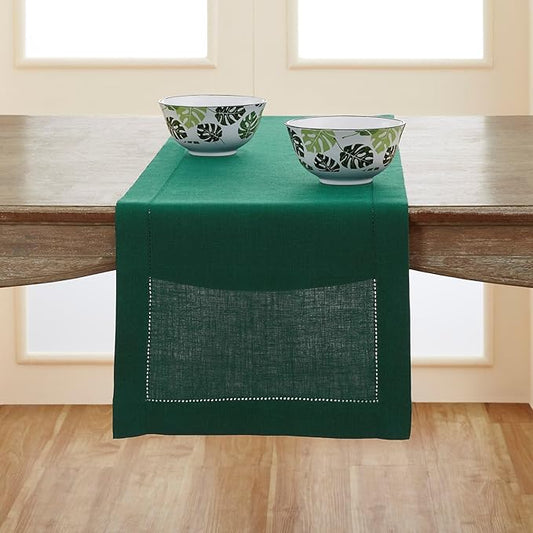 Solino Home Linen Table Runner 108 Inches Long - 100% Pure Linen Rainforest Green Table Runner 14 x 108 Inch for Fall, Autumn, Thanksgiving - Classic Hemstitch