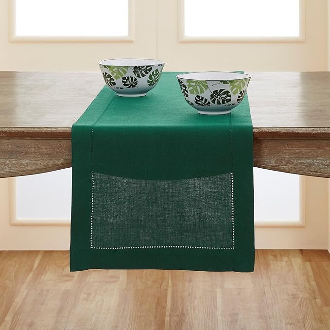 Solino Home Linen Rainforest Green Hemstitch Table Runner 36 Inches - 100% Pure Linen Small Table Runner 14 x 36 Inch Ideal for Dresser and Coffee Tables - Classic Hemstitch - Christmas, Thanksgiving