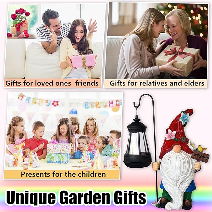 Solar Garden Gnomes Statue with Succulent and 4 LED Lights - Solar Lantern Gnomes Decorations for Yard Outdoor gnome Decorations for Garden, Patio Gnome Gifts for Mom