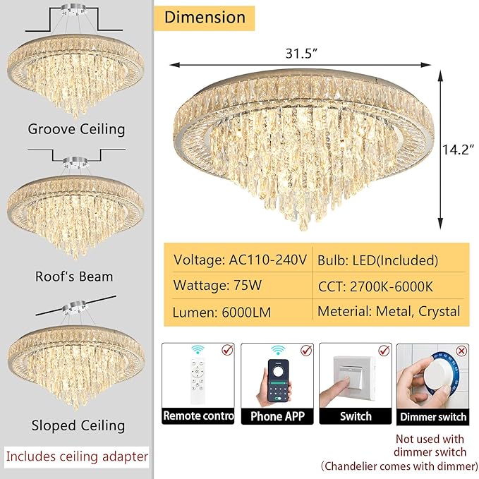 Modern Chandeliers for Living Room Crystal Ceiling Light Fixture LED Dimmable Lamp with Remote Pendant Lighting Flush Mount Ceiling Lighting for Dining Room Bedrooms