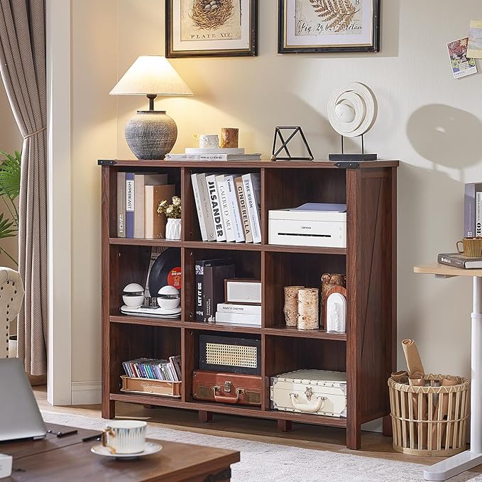 9 Cube Bookcase, Farmhouse 47 Inch Wide Brown Walnut Bookshelf, Wooden 3 Tier Display Large Open Book Shelf, Vintage Horizontal Book Case for Home Office, Cubby Storage Cabinet for Living Room