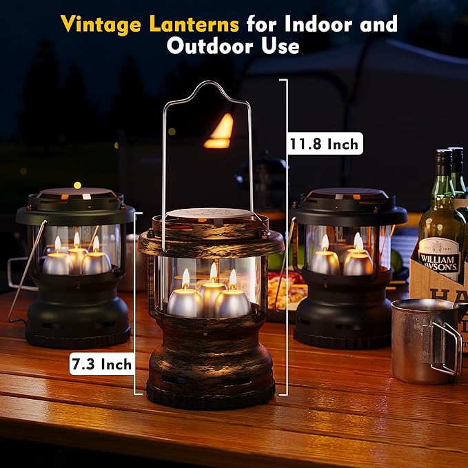3-Wick Emergency Candle Lantern for Power Outages [18H+ Burning Time] Vintage Decorative Candle Lantern for Real Candles, Outdoor Portable Camping Survival Lighting [7.1"*5.7" - Vintage Brass]