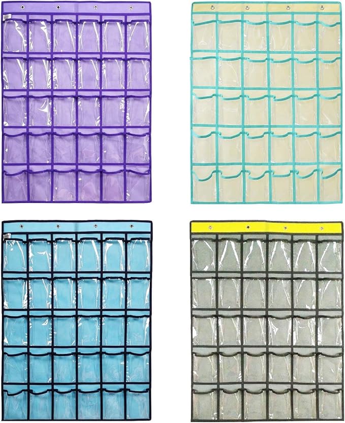 Classroom Pocket Chart for Phone Calculator Holder Over The Door Hanging Closet Jewelry Organizer with 30 Clear Pockets (Purple)