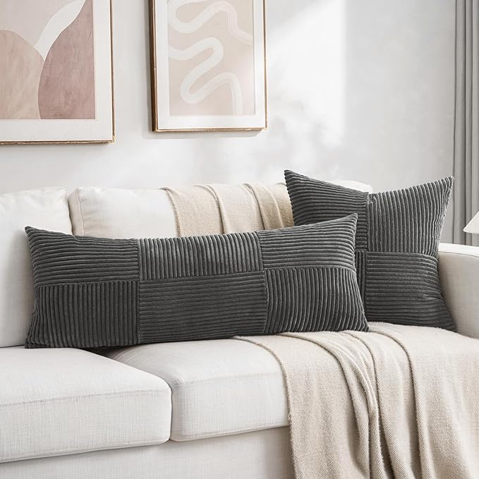 Fancy Homi 2 Packs Dark Gray Decorative Throw Pillow Covers 18x18 Inch for Living Room Couch Sofa, Rustic Farmhouse Boho Home Decor, Soft Corss Corduroy Patchwork Textured Square Cushion Case 45x45 cm