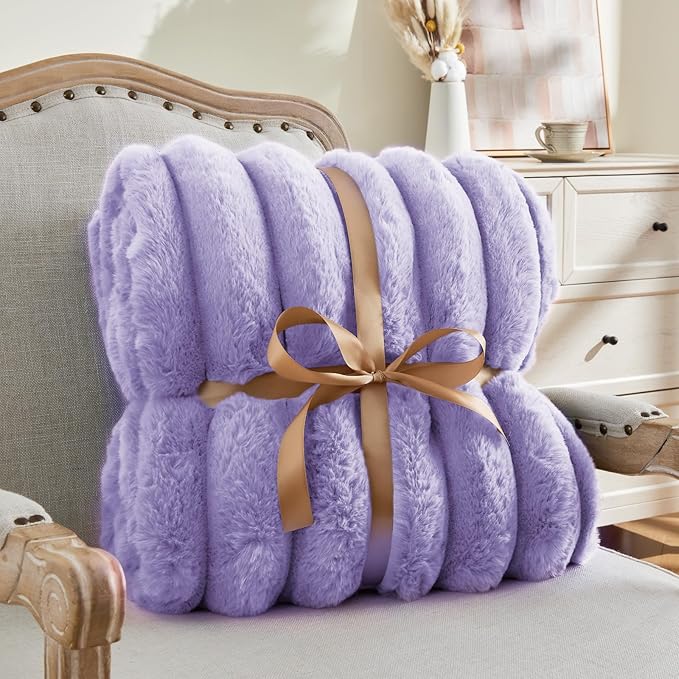 BEDELITE Faux Fur Throw Blanket for Couch, Soft and Cozy Luxurious 3D Striped Fluffy Blanket, 770GSM Thick Warm Plush Fuzzy Faux Rabbit Fur Blanket for Women Gift (Lavender, 50"x 60")